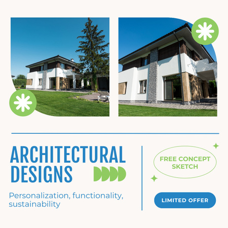 Template di design Annuncio di servizi di progettazione architettonica con un elegante palazzo moderno LinkedIn post