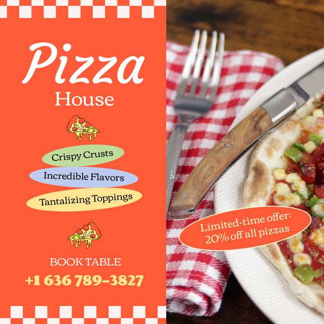 Incredible Pizzeria With Discount For Pizza And Booking Animated Postデザインテンプレート