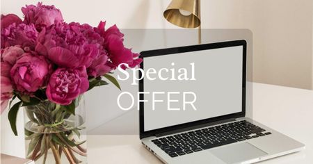 Plantilla de diseño de Special Offer Ad with Laptop and Flowers Facebook AD 