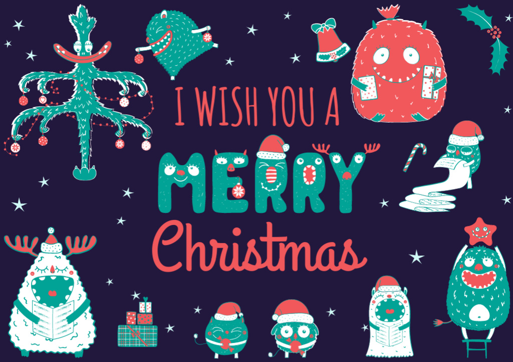 Christmas Greeting With Funny Monsters Postcard A5 Πρότυπο σχεδίασης