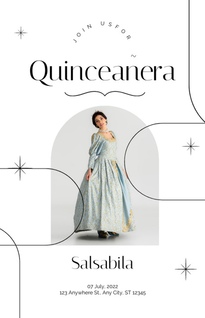 Announcement of Quinceañera Party With Dreamy Dress In White Invitation 5.5x8.5in Šablona návrhu