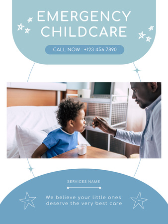 Plantilla de diseño de Oferta de servicios de cuidado infantil de emergencia en azul Poster US 