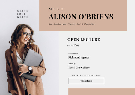 Open Business Lecture Announcement with Confident Woman Poster B2 Horizontal – шаблон для дизайна