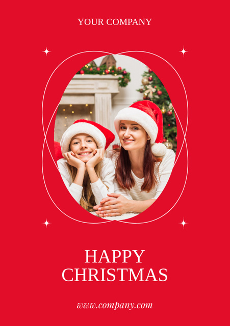 Family Celebrating Christmas on Red Postcard A5 Vertical Tasarım Şablonu