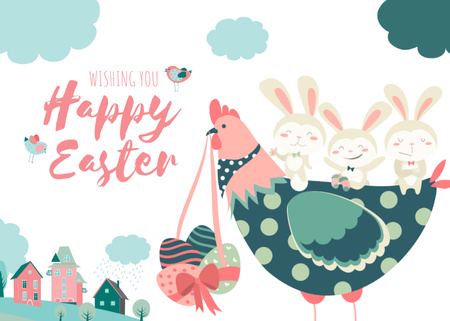 Happy Easter Wishes with Chicken and Bunnies Postcard 5x7in Design Template