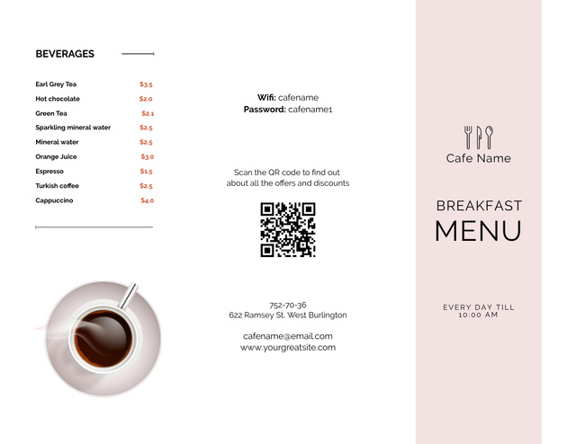 Cafe Breakfast and Beverages Offer Menu 11x8.5in Tri-Fold Modelo de Design