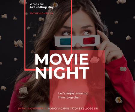 Movie Night Event with Woman in 3d Glasses Medium Rectangle Design Template