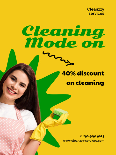 Plantilla de diseño de Discount on Cleaning Services with Smiling Woman Poster US 