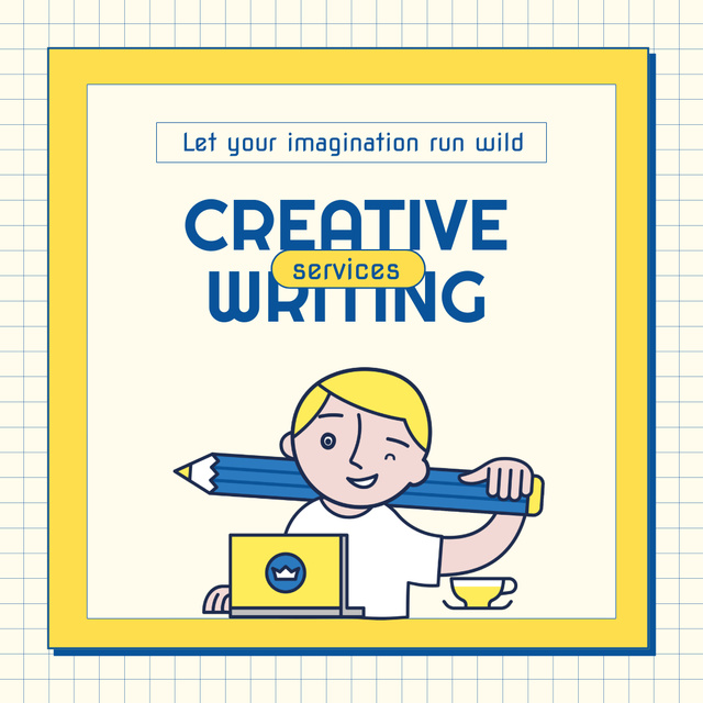 Creative Writing Services with Writer holding Pencil Animated Post Πρότυπο σχεδίασης