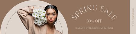 Spring Sale Announcement with Beautiful Young Asian Woman Twitter Design Template