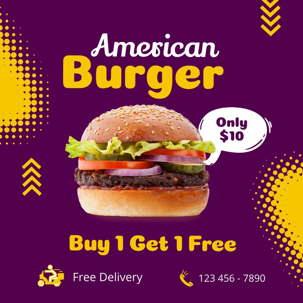 Designvorlage American Burger With Promo And Free Delivery für Instagram