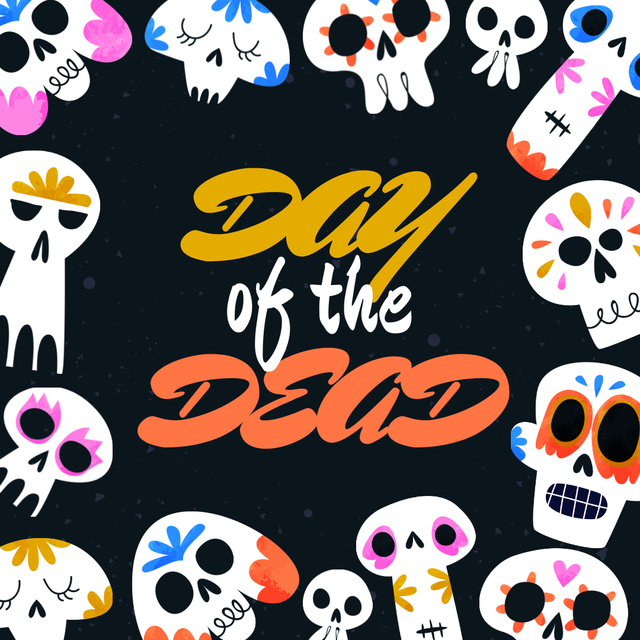 Day of the Dead Holiday Announcement with Funny Bright Skulls Animated Postデザインテンプレート