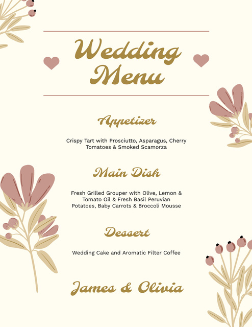 Beige Floral Wedding Appetizers List Menu 8.5x11in Πρότυπο σχεδίασης