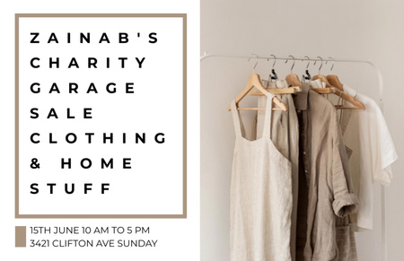 Platilla de diseño Charity Sale Announcement with Beige Clothes on Hangers Flyer 5.5x8.5in Horizontal