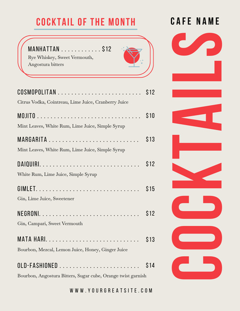 Monthly Cocktails List of Cafe In Beige Menu 8.5x11in Šablona návrhu