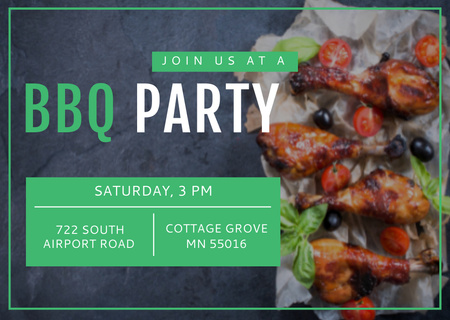 BBQ Party Invitation with Grilled Chicken Postcard Design Template