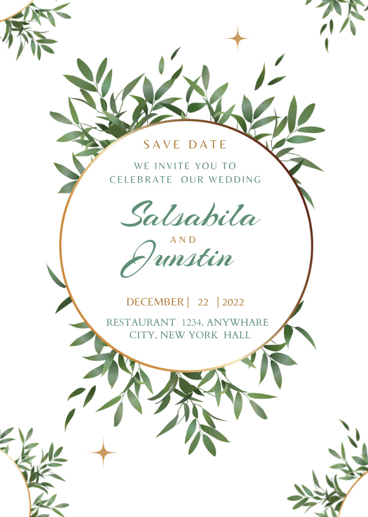 Wedding Event Announcement With Green Leaves Postcard A6 Vertical – шаблон для дизайну