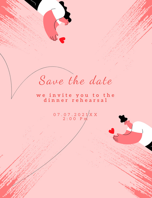 Wedding Announcement with Couple Holding Hearts on Pink Invitation 13.9x10.7cm Šablona návrhu