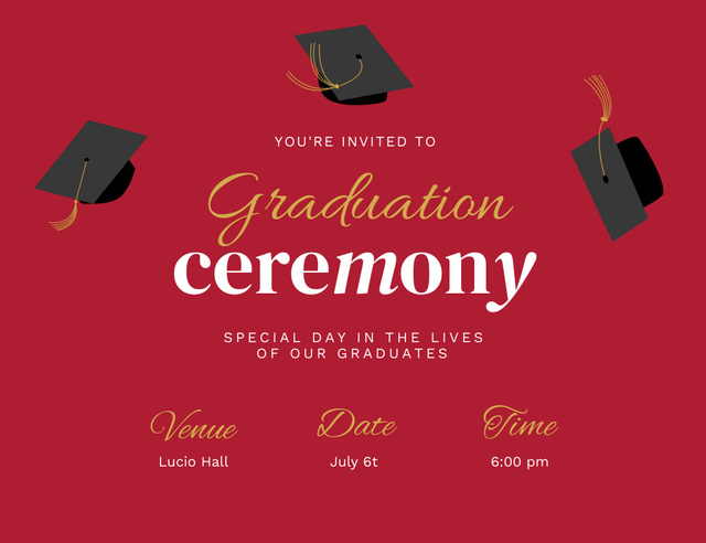 Ontwerpsjabloon van Invitation 13.9x10.7cm Horizontal van Graduation Ceremony Announcement with Graduators' Hats