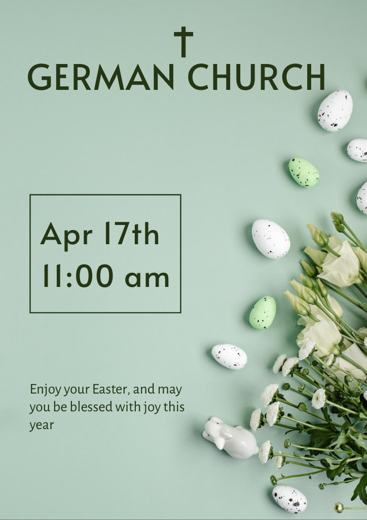 Easter Church Service Invitation with Eggs on Green Flyer A4 Design Template