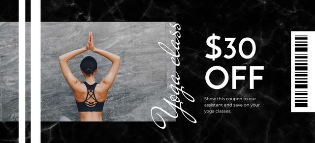 Designvorlage Discount Offer on Yoga Classes on Black für Coupon 3.75x8.25in
