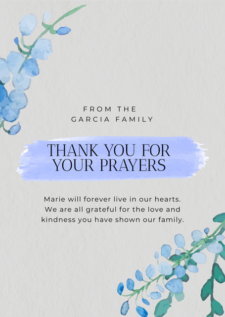 Funeral Thank You Card with Watercolor Flowers Postcard A6 Vertical Design Template
