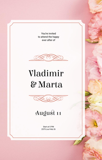 Wedding Announcement With Flowers In Pink Invitation 4.6x7.2in Tasarım Şablonu