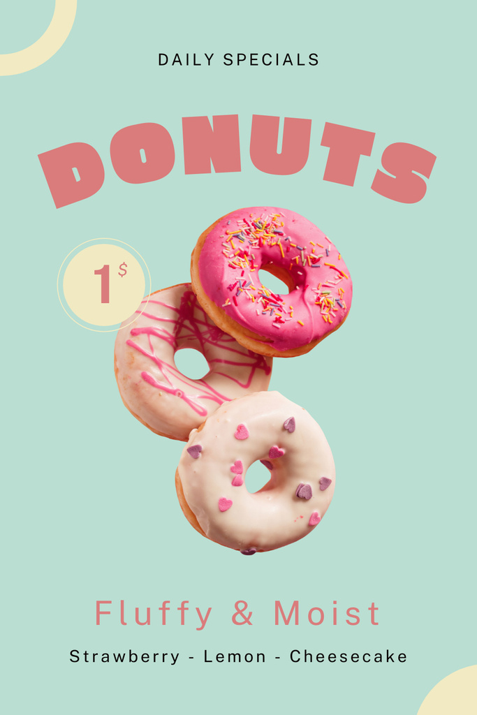 Doughnut Shop Offer of Moist and Fluffy Donuts Pinterest Πρότυπο σχεδίασης