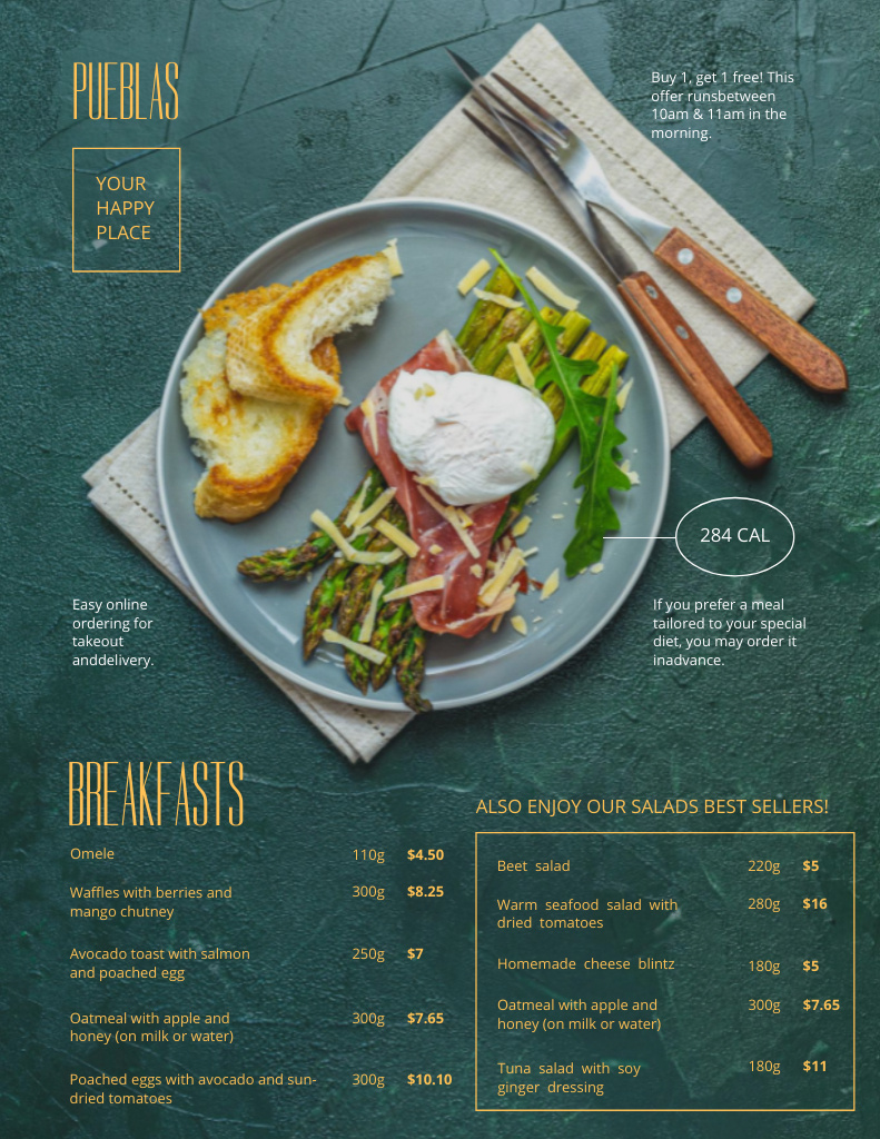 Offer New Menu with Appetizing Dish for Breakfast Menu 8.5x11in Modelo de Design
