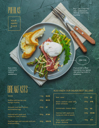 Offer New Menu with Appetizing Dish for Breakfast Menu 8.5x11in Design Template