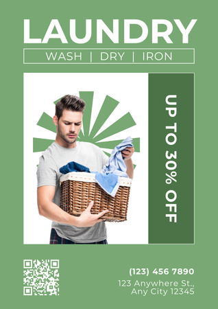 Kedvezményes ajánlat mosodai szolgáltatásokra jóképű férfival Poster tervezősablon