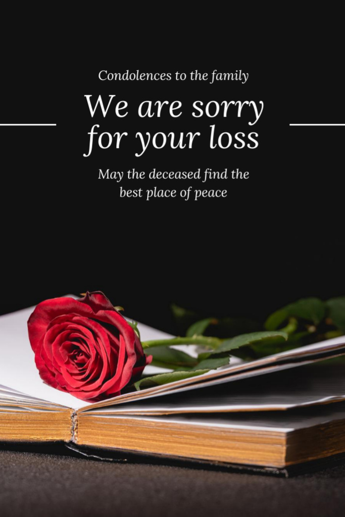 Ontwerpsjabloon van Postcard 4x6in Vertical van Sorrow Message For Loss with Book and Rose
