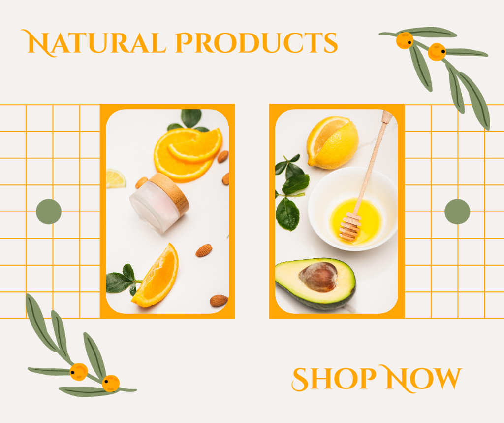 Natural Skincare Products Offer with Avocado and Citrus Facebook Design Template