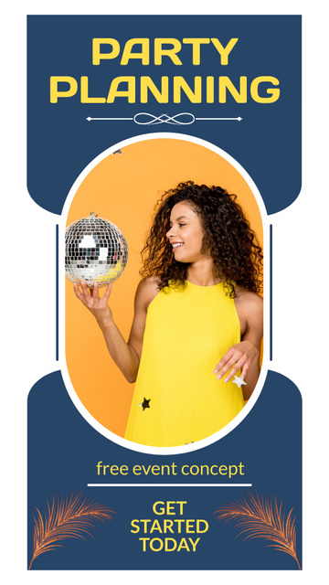 Party Planning Ad with Woman holding Disco Ball Instagram Video Story tervezősablon
