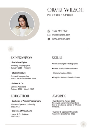 Photographer Skills And Awards With Experience Resume Design Template
