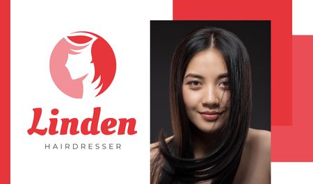 Hair Salon Ad with Woman with Brunette Hair Business card Tasarım Şablonu