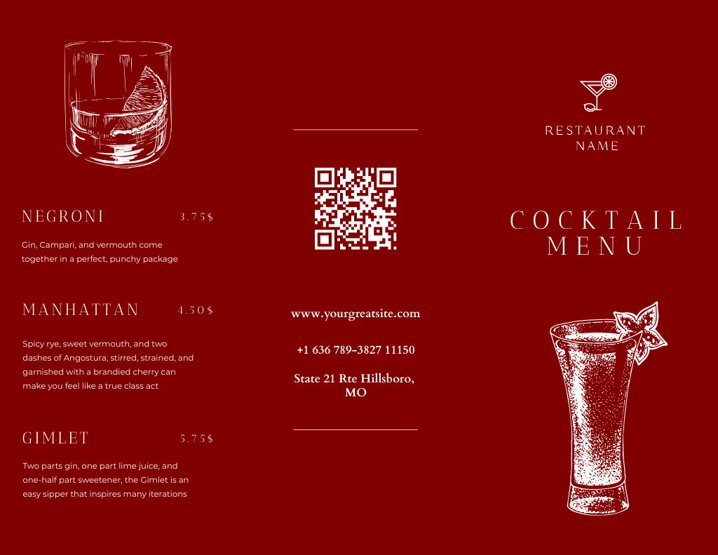 Plantilla de diseño de Cocktails List With Illustration Menu 11x8.5in Tri-Fold 