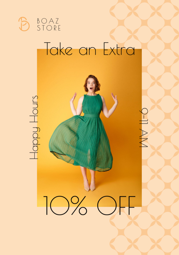 Designvorlage Clothes Shop Offer with Excited Woman in Green Dress für Flyer A5