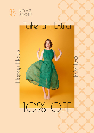 Clothes Shop Happy Hour Offer Woman in Green Dress Flyer A5 Design Template