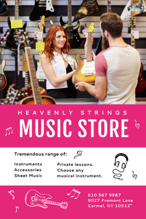 Music Store And Woman Selling Guitar Postcard 4x6in Vertical Design Template