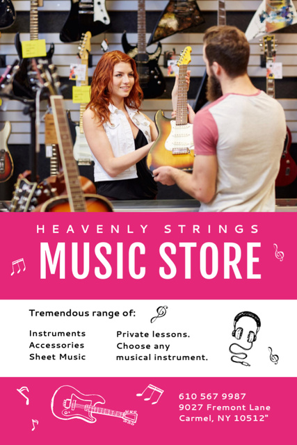 Ontwerpsjabloon van Postcard 4x6in Vertical van Music Store And with Woman Selling Guitar