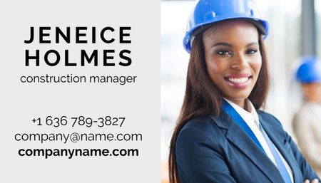 Ontwerpsjabloon van Business Card US van Construction Manager Services Offer with Woman