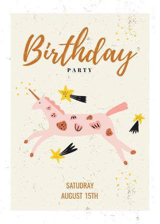 Birthday Party Announcement with Cute Unicorn Invitation Šablona návrhu