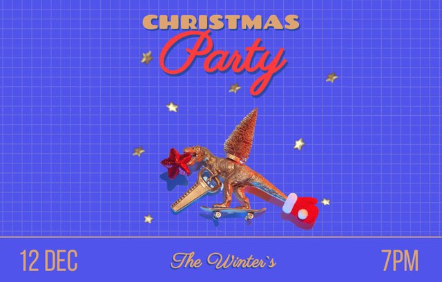 Fun-filled Christmas Party Announcement With Festive Dino Invitation 4.6x7.2in Horizontal Πρότυπο σχεδίασης
