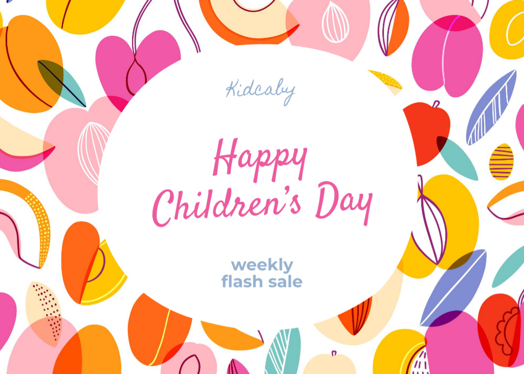 Szablon projektu Children's Day Greeting With Sale Offer and Bright Fruits Postcard 5x7in