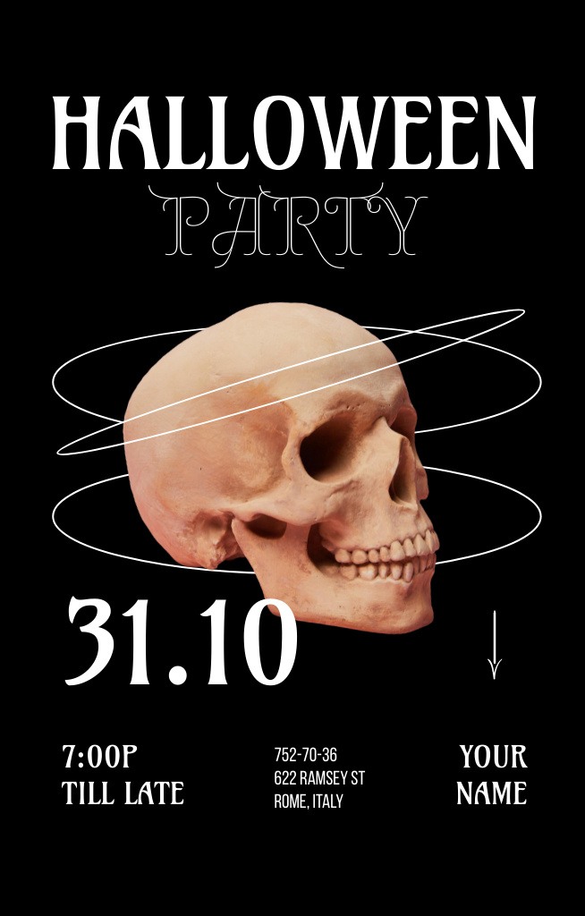 Plantilla de diseño de Mysterious Halloween Party With Skull Invitation 4.6x7.2in 