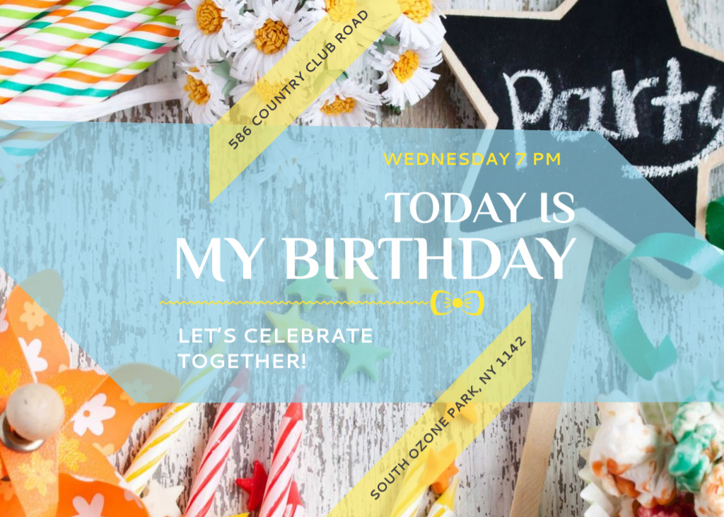 Colorful Birthday Party Announcement With Bouquet Postcard 5x7in Πρότυπο σχεδίασης