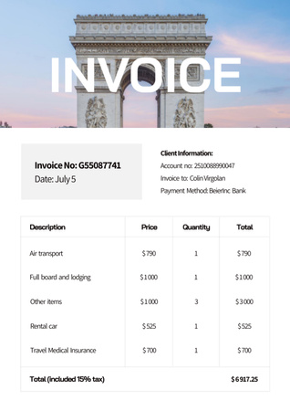 旅行ツアーの支払い請求書 Invoiceデザインテンプレート