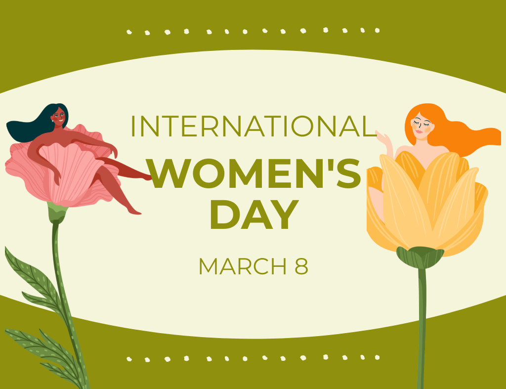 Multiracial Women on Flowers on International Women's Day Greeting Thank You Card 5.5x4in Horizontal – шаблон для дизайна