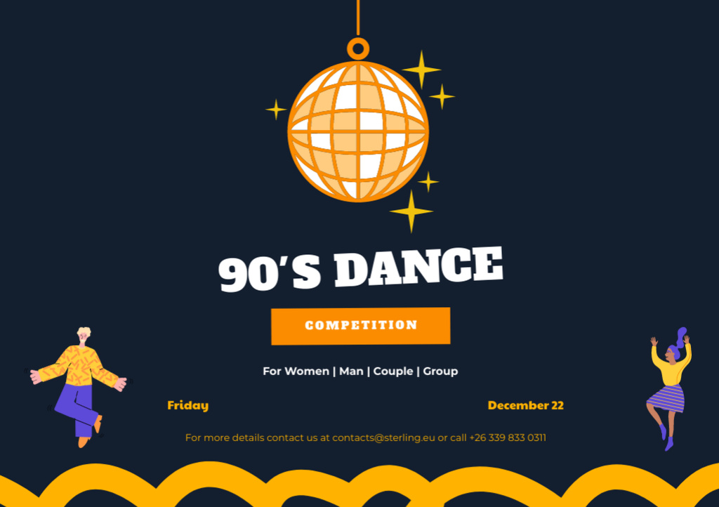 Plantilla de diseño de Flashy 90's Dance Competition Announcement On Friday Flyer A5 Horizontal 